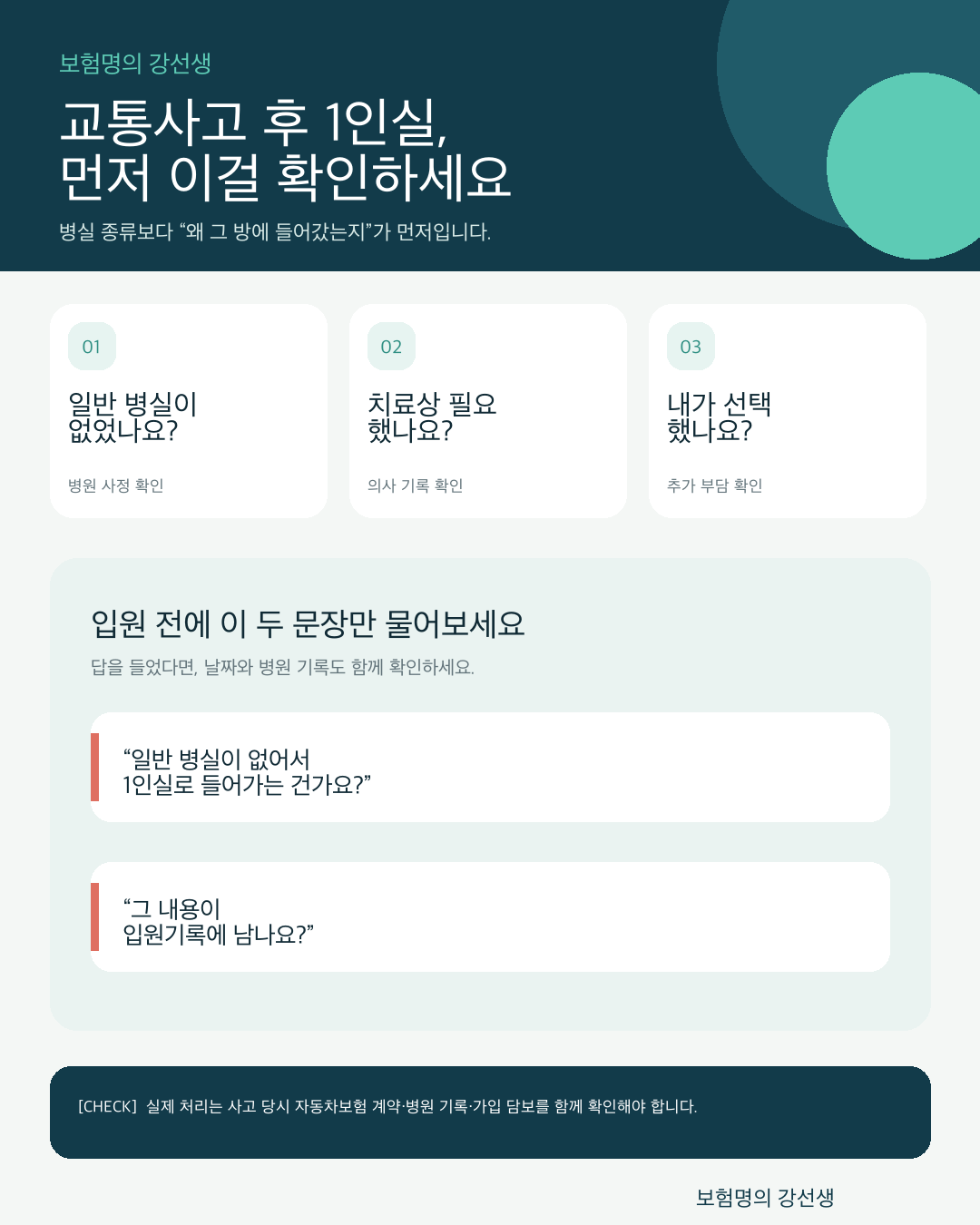 교통사고 뒤 상급병실 사용 사유를 세 갈래로 확인하는 안내