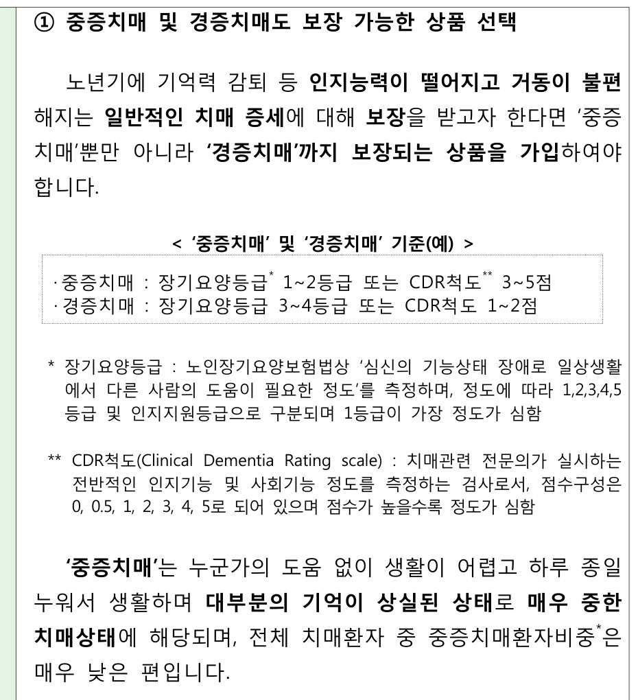 금융감독원 치매보험 가입시 유의사항의 CDR 기준 예시