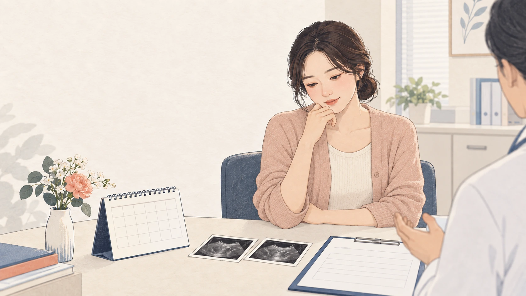 두 차례 검사 일정과 보험 청약서를 함께 검토하는 상담 장면