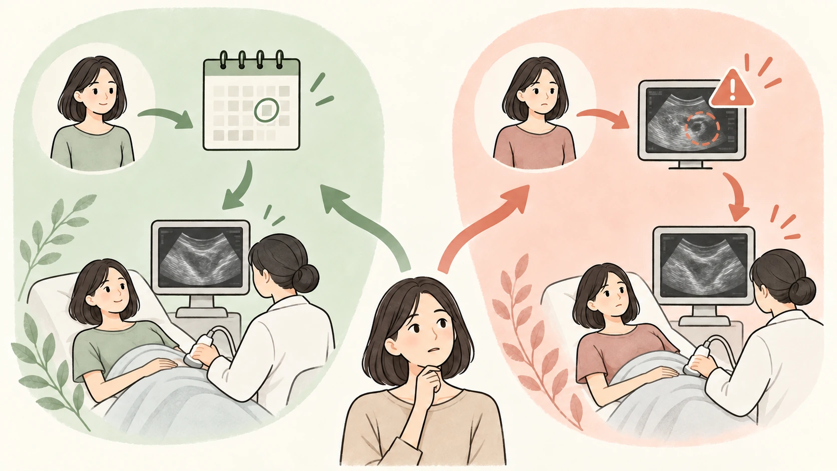 예정된 수술 후 확인과 이상소견에 따른 재검사의 두 갈래를 보여주는 이해 그림