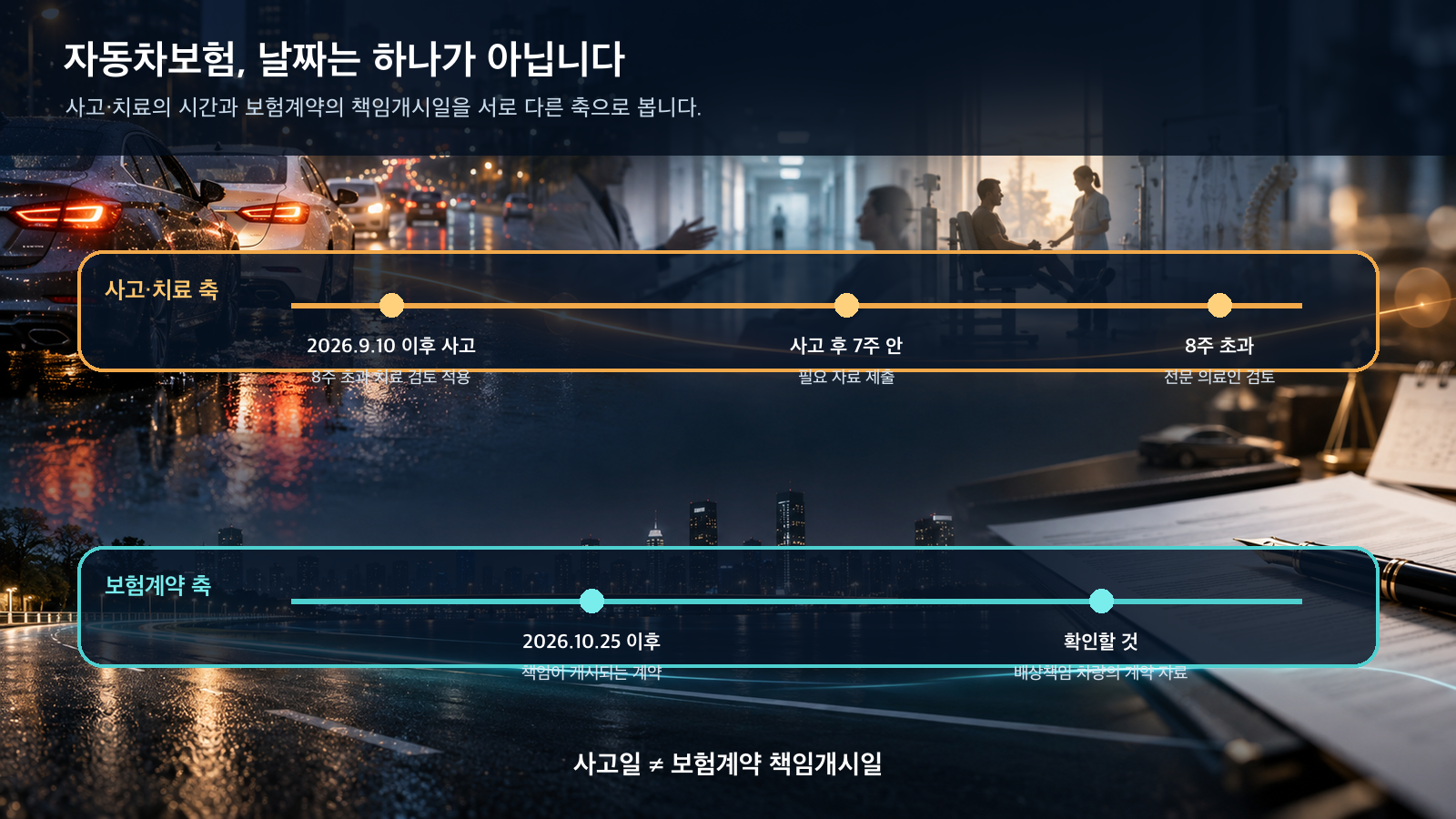 2026년 9월 10일 이후 사고의 8주 초과 치료 검토와 2026년 10월 25일 이후 책임개시 계약의 향후치료비 기준을 서로 다른 축으로 표시한 시간표