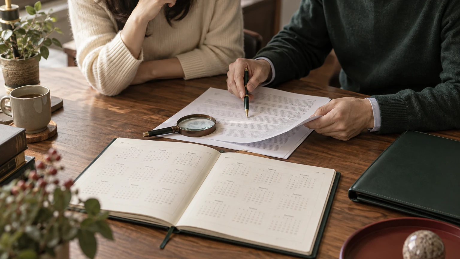 따뜻한 자연광 아래 보험증권과 24개월 달력을 함께 검토하는 상담 장면